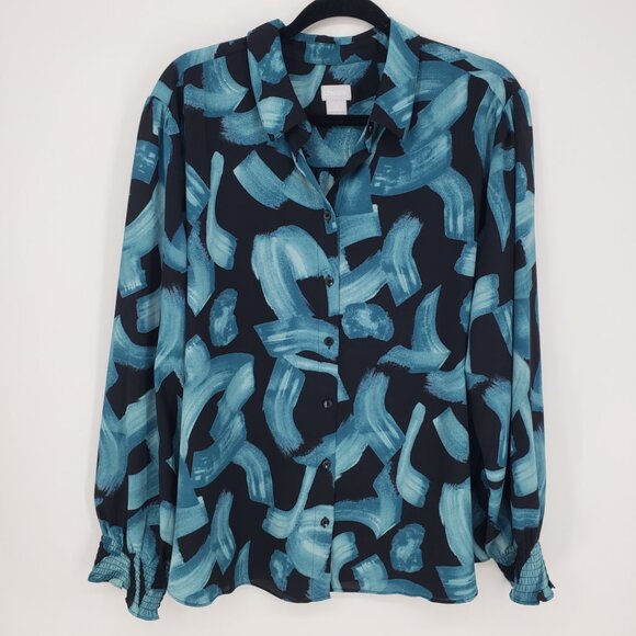 Chico's‎ Abstract Print Button Down Blouse Top 20 Long Sleeve  Blue Black - Picture 1 of 7